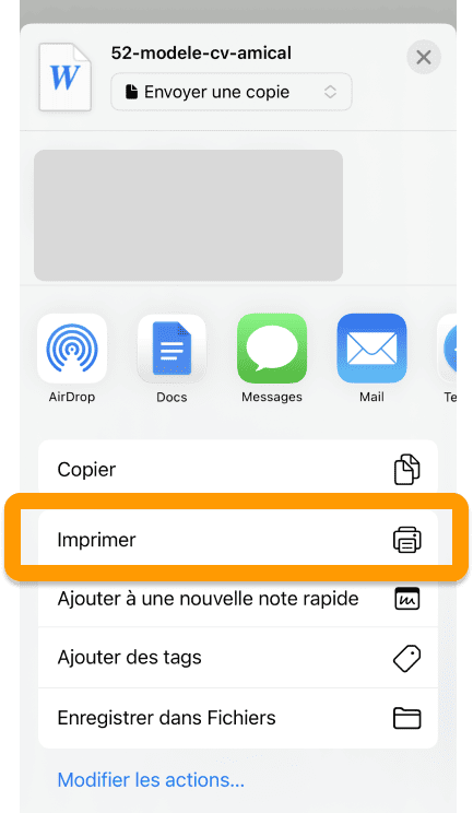 Sélectionner Imprimer pour ensuite convertir le document en PDF