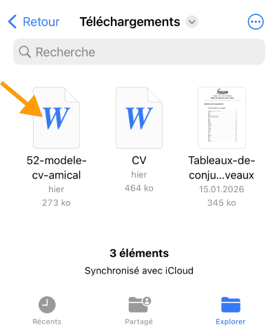 Retrouvez le document à convertir dans l'application Fichiers